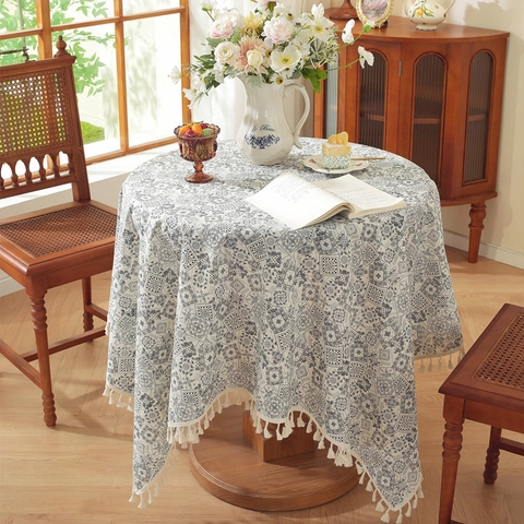 Pastoral Cotton Floral Tablecloth With Tassels Rectangular Fresh Sunflower Print Dustproof Table Cover For Home Dining Kitchen Decor