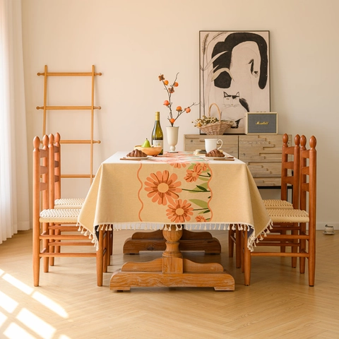 Vintage Floraal Jacquard Tafelkleed Met Kwastjes Polyester Katoen Mix Rechthoekige Stofdichte Tafelkleed Voor Dineren Aan Huis