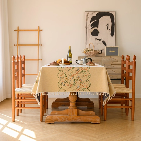 Vintage Floraal Jacquard Tafelkleed Met Kwastjes Polyester Katoen Mix Rechthoekige Stofdichte Tafelkleed Voor Dineren Aan Huis