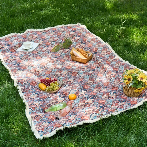 Yarn-Dyed Polyester Cotton Tablecloth With Tassels Retro Floral Bird Pattern Waterproof Rectangular Picnic Mat For Outdoor Camping Dining Table