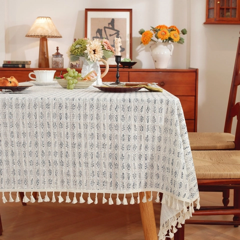 Mantel de Algodón con Flores Pastorales y Borlas Cubierta de Mesa Rectangular Redonda Estampada Retro para Comedor Mesa de Centro Hogar