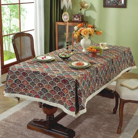 American Retro Polyester Cotton Jacquard Floral Bird Tablecloth With Tassel Rectangular Dining Table Cloth Kitchen Decor