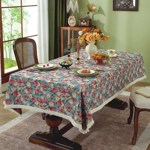 American Retro Polyester Cotton Jacquard Floral Bird Tablecloth With Tassel Rectangular Dining Table Cloth Kitchen Decor