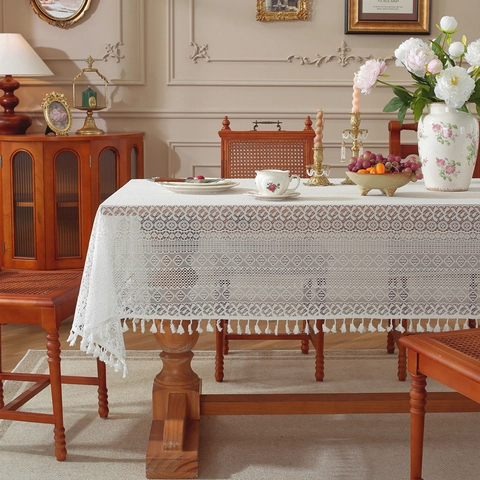 Französische Spitze Tischdecke Weiß Hohl Gestreift Quaste Rechteckige Tischabdeckung Für Hochzeit Bankett Heim Deko