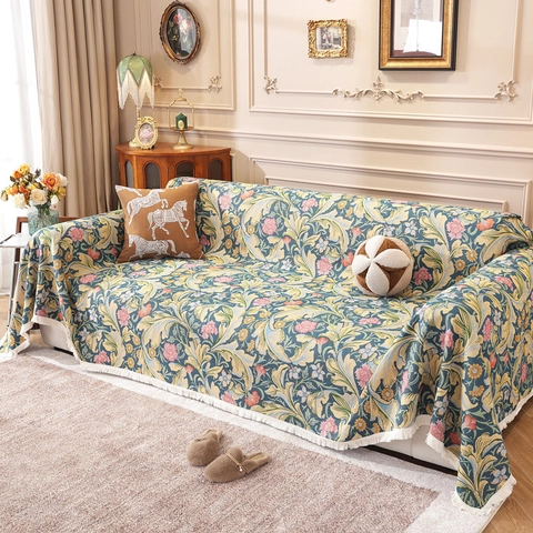 Funda de Sofá Jacquard Floral Estilo Rural Americano Vintage con Borlas Manta de Sofá de Poliéster Algodón Protector Muebles