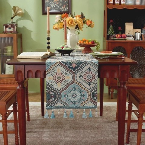 American Vintage Tassel Table Runner Bohemian Jacquard Floral Geometric Decor For Coffee Table TV Cabinet Bed End Flag