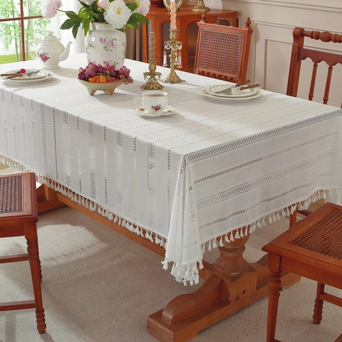 French Vintage Lace Cutout Striped Tablecloth With Tassels Romantic White Polyester Rectangular Dining Table Cover Wedding Party Home Decor