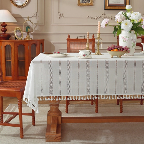 French Vintage Lace Cutout Striped Tablecloth With Tassels Romantic White Polyester Rectangular Dining Table Cover Wedding Party Home Decor