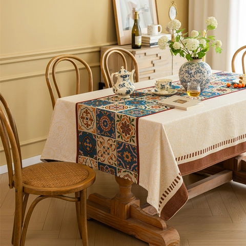 American Vintage Polyester Cotton Tablecloth Ethnic Floral Geometric Jacquard Rectangular Dining Table Cover Bohemian Home Decor