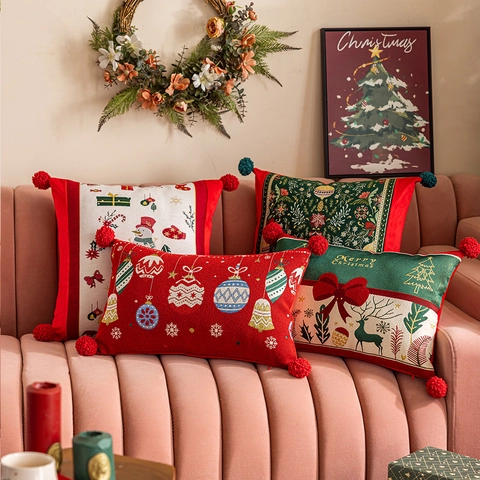 Federa Natalizia in Jacquard Con Pompon Motivo Renna Pupazzo di Neve Poliestere Copricuscino Divano Decorazione Casa