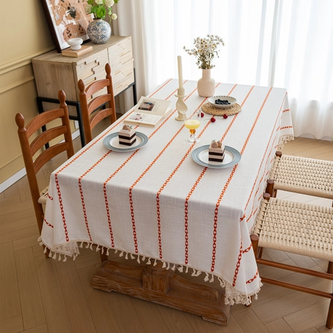 Nordic Boho Rectangular Tablecloth With Tassels Polyester Linen Look Stripe Geometric Pattern For Kitchen Dining Table