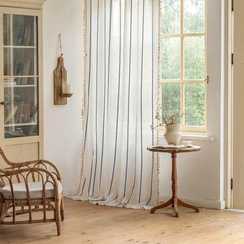 Bohemian Polyester Jacquard Geometric Stripe Window Curtain With Tassels Farmhouse Rod Pocket Panel For Living Room Bedroom