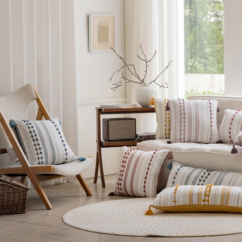 Fodera Per Cuscino In Cotone A Righe Trapuntato Boho Nordico Con Nappine Copricuscino Decorativo Per Divano Soggiorno