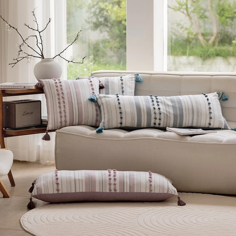 Fodera Per Cuscino In Cotone A Righe Trapuntato Boho Nordico Con Nappine Copricuscino Decorativo Per Divano Soggiorno