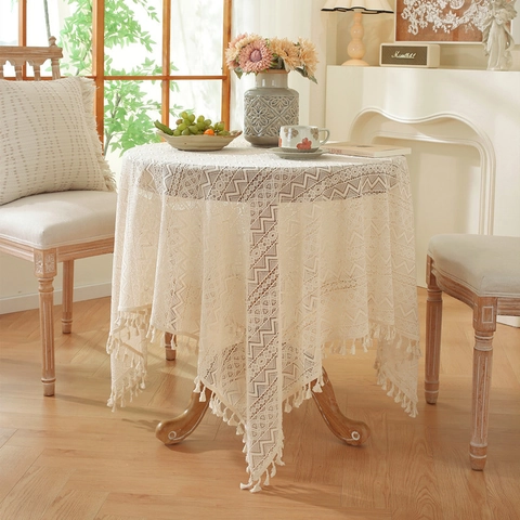 Mantel de Encaje Vintage Francés Con Borlas Calado Patrón Hoja Copo de Nieve Poliéster Cubierta Mesa Comedor Boda Hogar