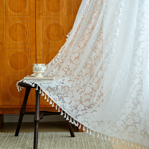French Vintage Lace Curtain With Tassels Hollow Out Jacquard Polyester Door Curtain For Bedroom Living Room Home Decor