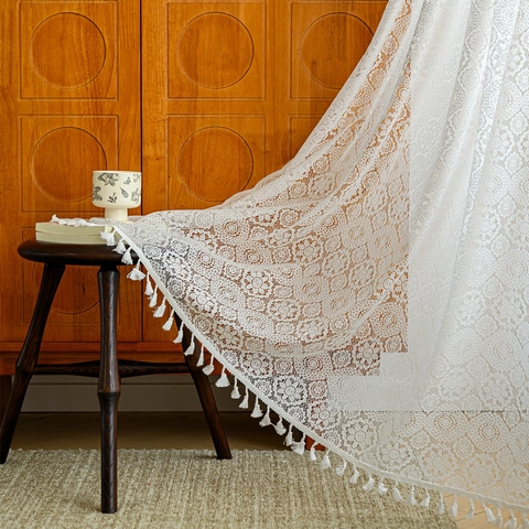 French Style White Floral Lace Sheer Curtains With Tassels Scalloped Edge Jacquard Translucent Voile Window Curtains For Bedroom Living Room