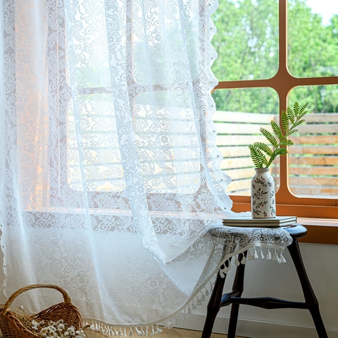 French Style White Floral Lace Sheer Curtains With Tassels Scalloped Edge Jacquard Translucent Voile Window Curtains For Bedroom Living Room