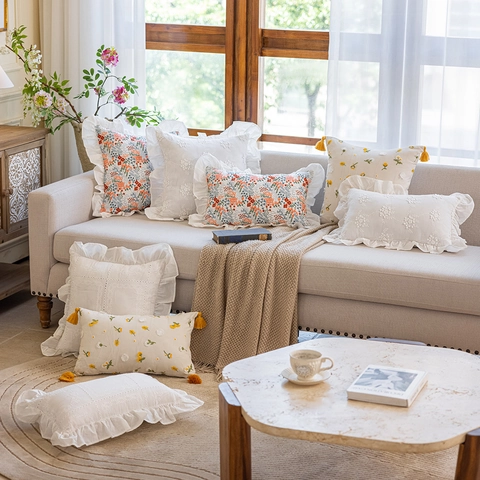 Französisch Pastoral Rüschen Baumwolle Bestickt Kissenbezug Romantische Blumen Lotusblatt Rand Dekorative Kissenhülle Für Sofa Bett