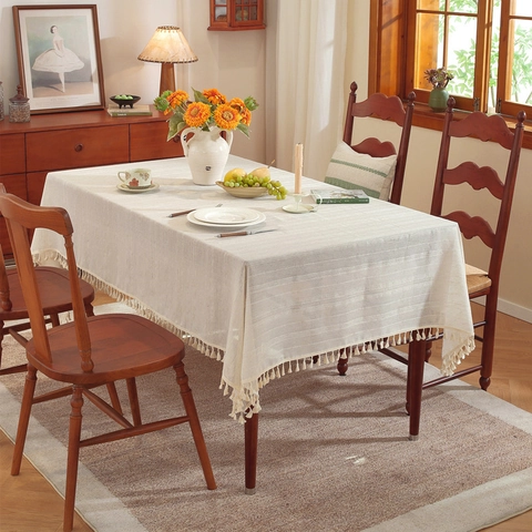 Mantel a Rayas Estilo Francés Con Borlas Poliéster Rectángulo Cubierta de Mesa Antipolvo para Cocina Comedor Boda