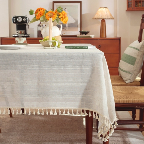Mantel a Rayas Estilo Francés Con Borlas Poliéster Rectángulo Cubierta de Mesa Antipolvo para Cocina Comedor Boda