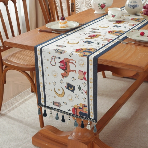 Middle Eastern Style Table Runner With Tassels Mosque Camel Star Moon Jacquard Polyester Tablecloth For Ramadan Eid Decor