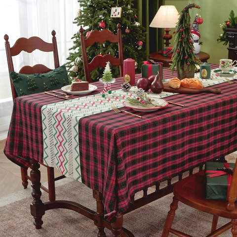Christmas Plaid Tablecloth Red Green Tartan Table Runner With Lace Rectangular Fabric Table Cloth For Festive Dining Party Decor