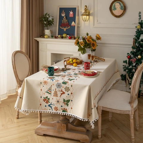 Kerst Rendier Sneeuwvlok Jacquard Tafelkleed Rechthoekig Synthetische Vezel Dinerhoes Met Witte Pom Pom Kwastjes