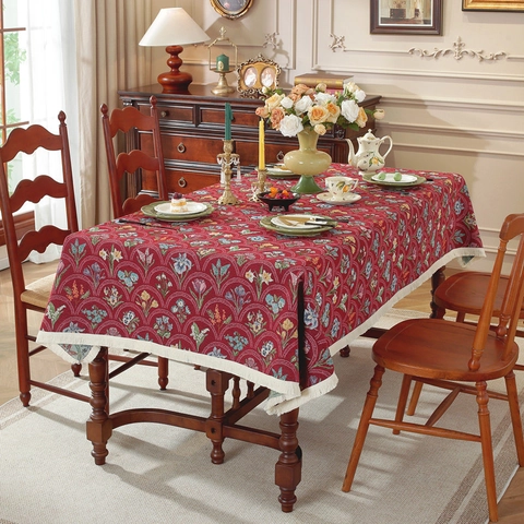 Mantel Floral de Jacquard de Fibra Química Retro Americano Mantel Rectangular Teñido en Hilo Con Borlas Para El Hogar