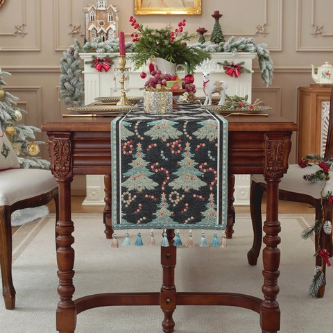 Camino de Mesa Navideño Jacquard Poliéster Algodón Estilo Americano Cuadros Copo de Nieve Reno Árbol de Navidad Decoración