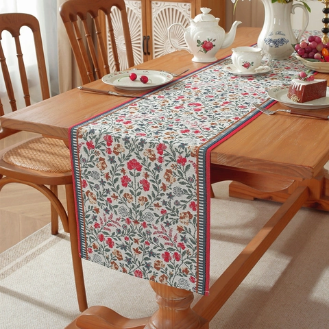 Vintage Poly-cotton Jacquard Floral Table Runner With Tassels French Country Rose Pattern Table Decor For Dining Room Home