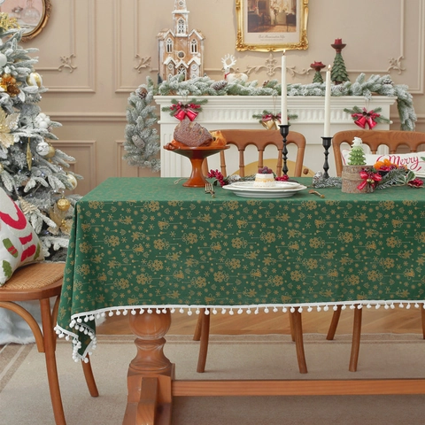 Weihnachten Tischdecke Baumwollmischung Bronzieren Glocke Schneeflocke Muster Bommel Quaste Rand Festlich Tischabdeckung Haus Party Deko