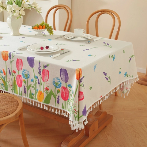 Pastoraler Tulpen-Blumendruck-Tischdecke Mit Quasten Nordischer Stil Polyester-Baumwolle Rechteckige Tischabdeckung Für Wohndeko