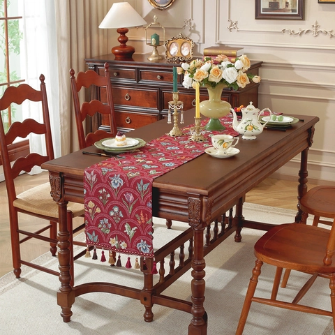 Amerikaans Vintage Bloemen Jaquard Tafelrunner Met Kwastjes Polyester Garengeverfd Kastbekleding Voor Woonkamer Eettafel Decoratie