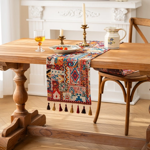 Vintage American Bohemian Table Runner Poly-Cotton Jacquard Tassel Floral Geometric Pattern Decor For Dining Room Home