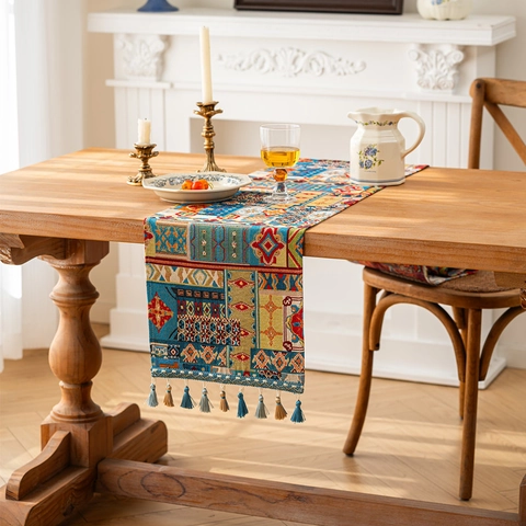 Vintage American Bohemian Table Runner Poly-Cotton Jacquard Tassel Floral Geometric Pattern Decor For Dining Room Home