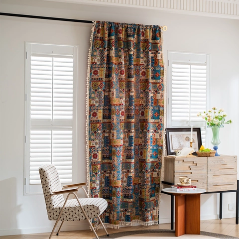 Amerikaanse Boheemse Franje Gordijn Vintage Geometrisch Patroon Jacquard Half Verduisterend Polyester Gordijn Voor Woonkamer