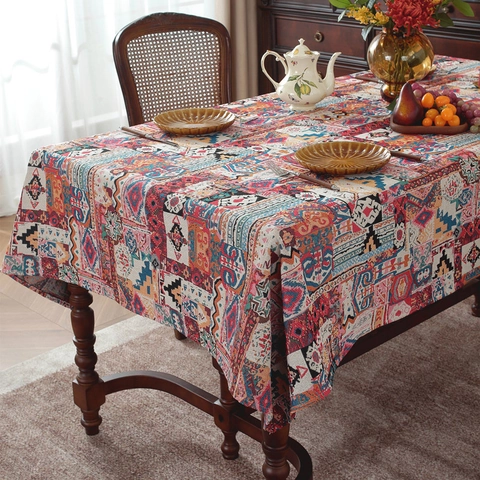 Bohemian Vintage Jacquard Tablecloth Rectangular Floral Geometric Pattern Table Cover With Tassels For Home Dining Decor