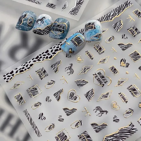 Retro Zebra Leopard Αυτοκόλλητα Νυχιών Ανάγλυφα Χρυσό Ασημί Θερμοτυπία Καρδιά Πεταλούδα Αυτοκόλλητα Νυχιών Γυναικεία
