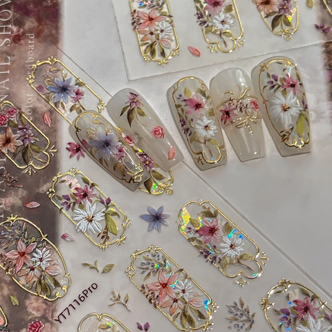 3D Embossed Nail Art Stickers Vintage Gold Foil Flower Pattern Laser Shell Light Palace Style Manicure Decals For Women