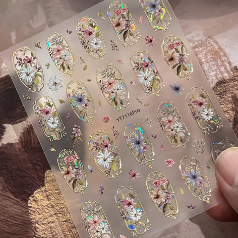 3D Embossed Nail Art Stickers Vintage Gold Foil Flower Pattern Laser Shell Light Palace Style Manicure Decals For Women