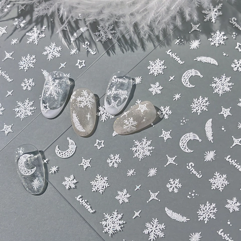 3D Relief Nail Stickers White Snowflake Feather Star Moon Pattern Self Adhesive Winter Christmas Nail Art Decor For Women