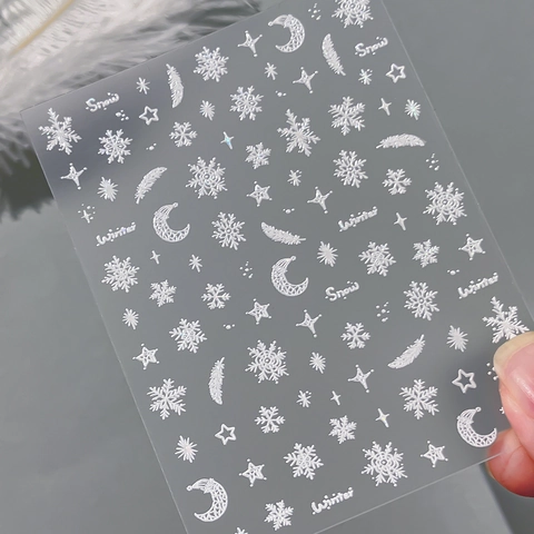 3D Relief Nail Stickers White Snowflake Feather Star Moon Pattern Self Adhesive Winter Christmas Nail Art Decor For Women