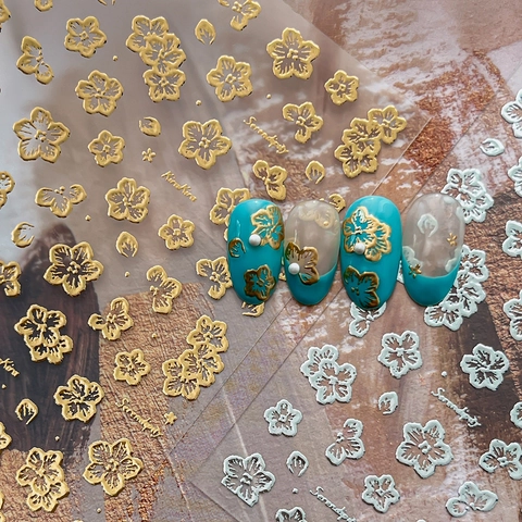 5D Embossed Flower Nail Stickers Bronzing Gold Silver Cherry Blossom Manicure DIY Self-Adhesive Nail Art Decor For Women