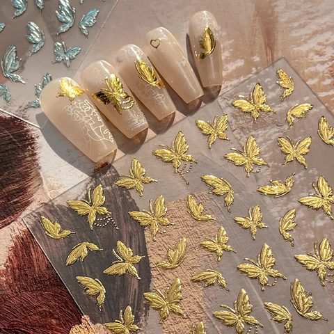 Gold Silver 3D Butterfly Nail Stickers Embossed Metallic Nail Art Decals DIY Manicure Decoration Adhesive Butterfly Charms