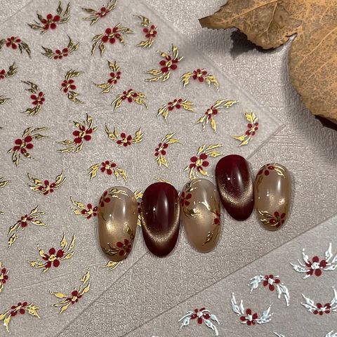 Yitu Relief Nagelkunst Aufkleber Vintage Rot Blumen Bronzieren Design Selbstklebend Metallic Maniküre Decals Für Damen Beauty