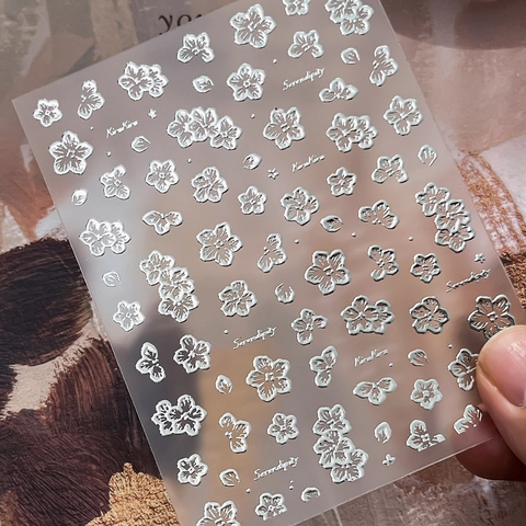 5D Embossed Flower Nail Stickers Bronzing Gold Silver Cherry Blossom Manicure DIY Self-Adhesive Nail Art Decor For Women