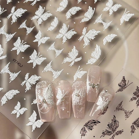 3D Geprägte Schmetterling Nagelkunst-Aufkleber Elegante Weiße Schwarze Spitzenmuster Selbstklebend DIY Maniküre Deko Für Damen