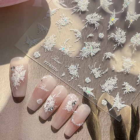 5D Adesivi Unghie Goffrati Farfalla Rosa Bianca Decalcomanie Floreali 3D Elegante Decorazione Manicure Fai Da Te Donna