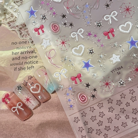 3D Embossed Silver Hot Stamping Nail Art Stickers Sweet Heart Star Bow Pattern Nail Decals For Women DIY Beauty Decoration